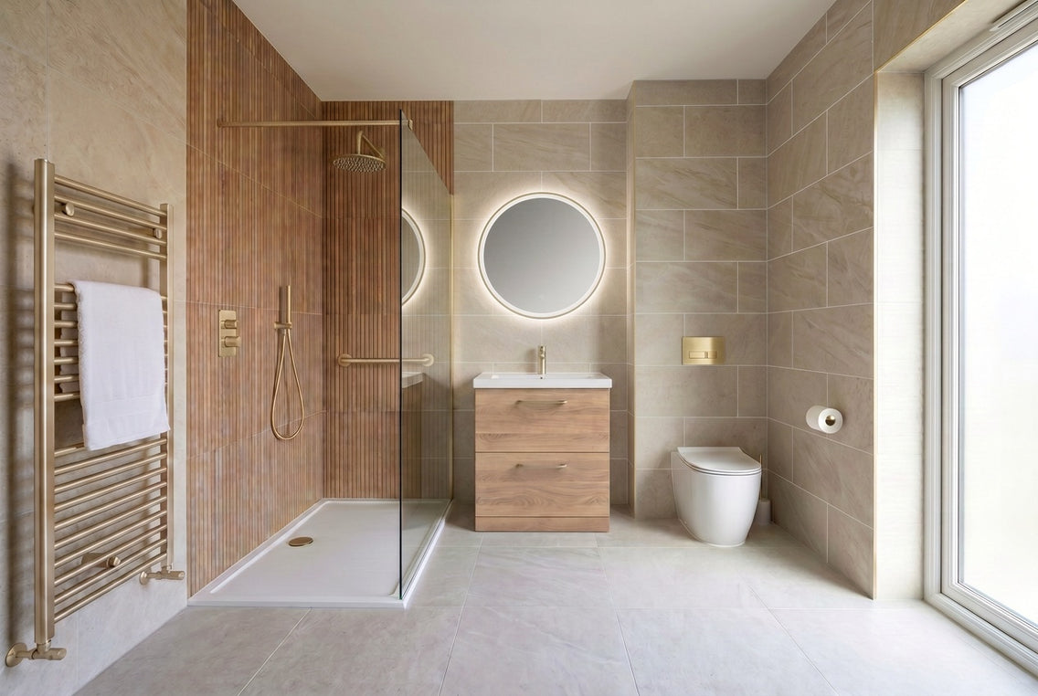 A traditional marble bathroom with a level-access shower and wall-hung vanity.