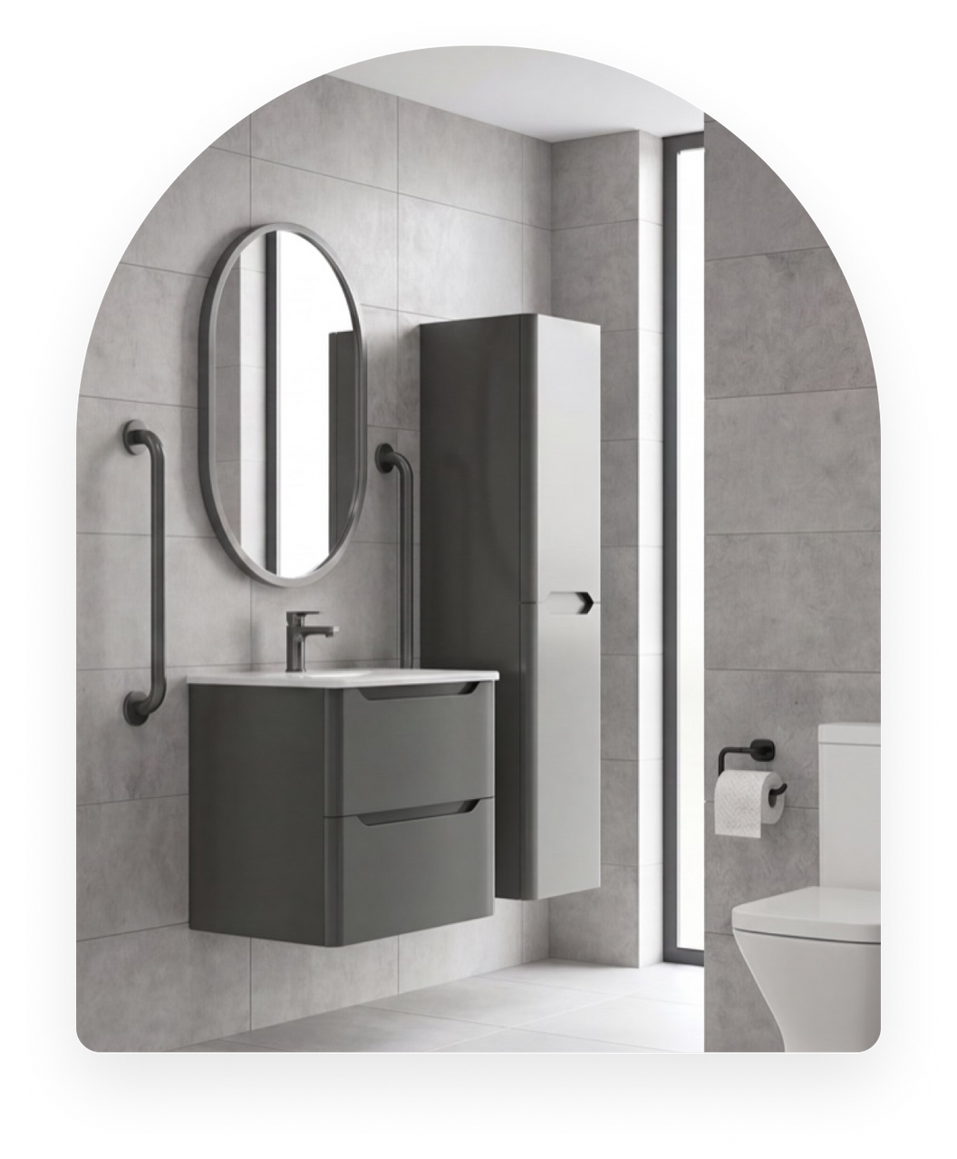 A calm, accessible bathroom with a wall-hung basin, mirror, grab rails and a level-access shower.