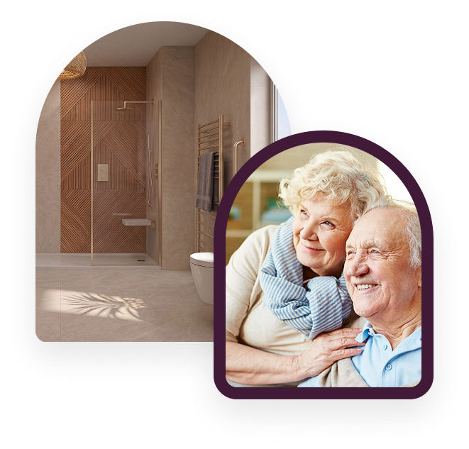A bright tiled wet room beside a happy older couple smiling together.