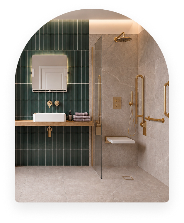 A walk-in bath with a side door, hand shower and grab rail for safe, independent bathing.