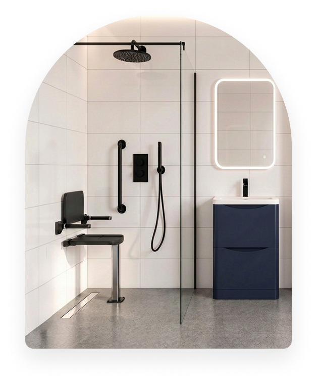 A walk-in bath with a side door, hand shower and grab rail, designed for clarity and calm.