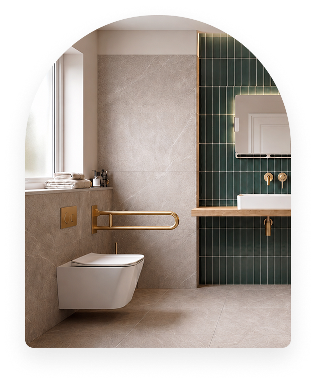 A wheelchair-accessible wet room with a roll-in shower, fold-down seat and grab rails.