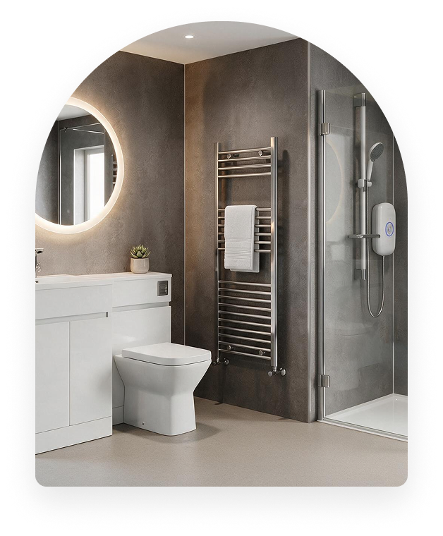 An arthritis-friendly bathroom with lever taps, grab rails and a walk-in shower.