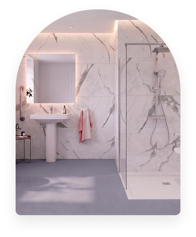 A marble bathroom with a level-access shower and wall-hung vanity, designed for falls prevention.