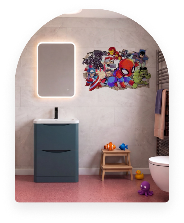 A bright, calm family bathroom with non-slip flooring, lever controls and space for a parent to help.