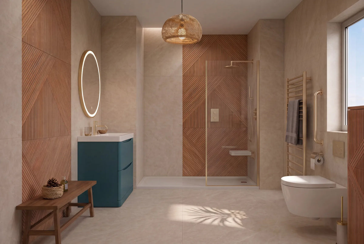 A bright, accessible walk-in bathroom with grab rails, a wall-hung basin and a level-access shower.
