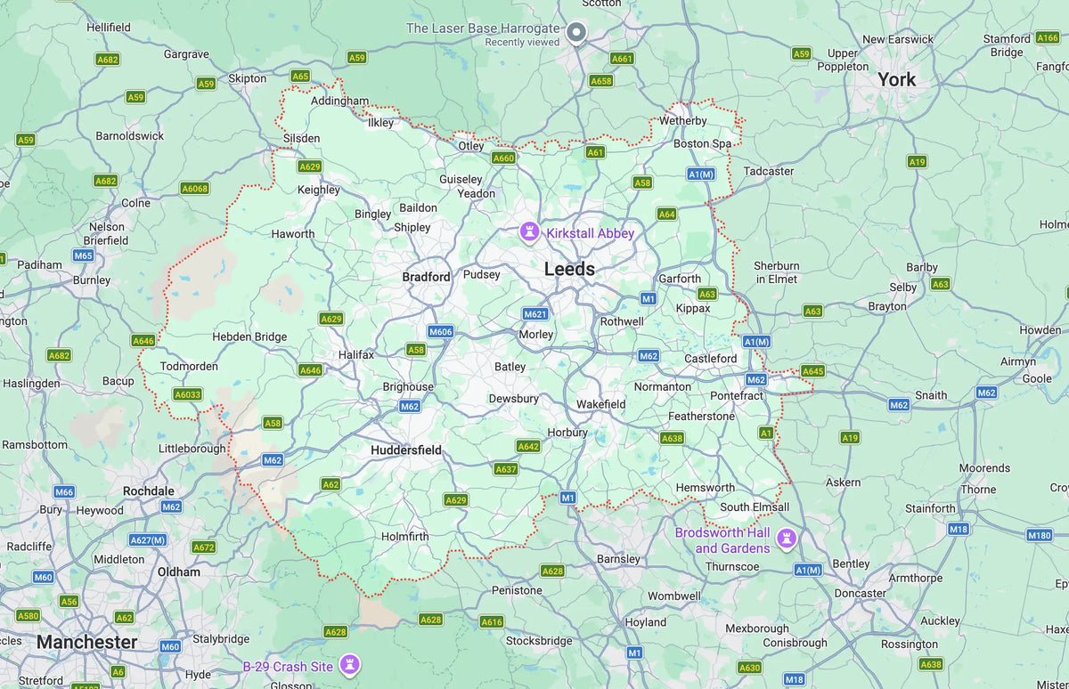 Map of our service area around Huddersfield and West Yorkshire.